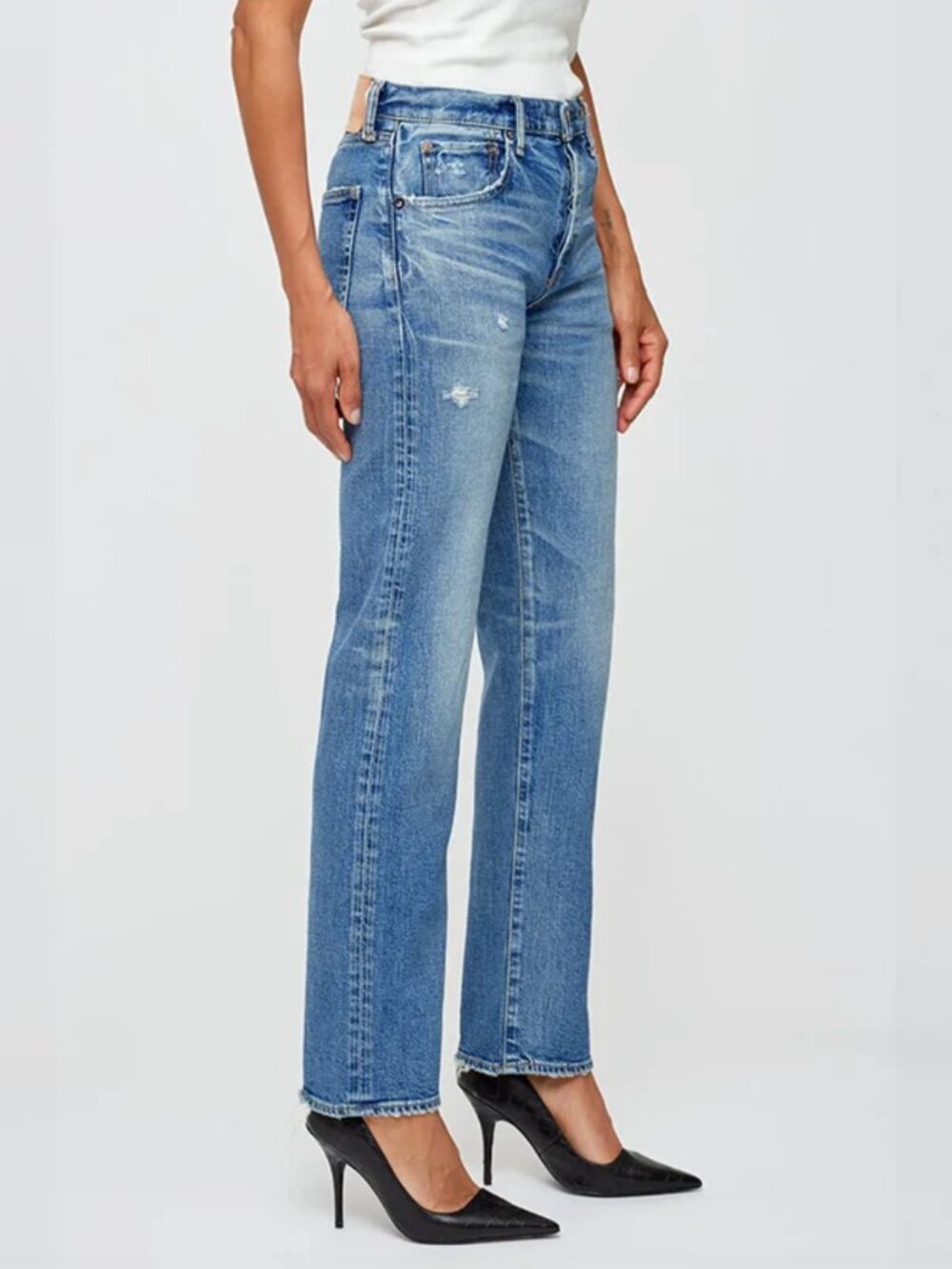Moussy Vintage MV Bradenton Medium Wash Blue Denim Distressed Straight Leg Jeans